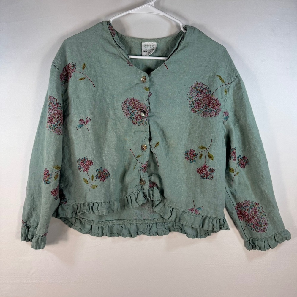 Click by Color Me Cotton Linen Floral Ruffle Jacket Sage Green Hydrangea Small